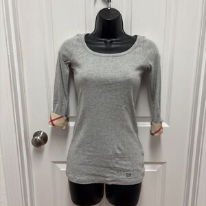 Vintage BURBERRY BRIT Ladies Grey LS Cotton Tee Shirt Nova Check Cuffs XS